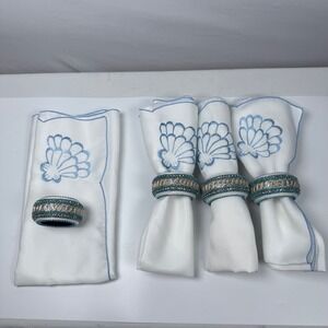 Embroidered Seashell Napkins with Jeweled Napkin Rings - Set of 4